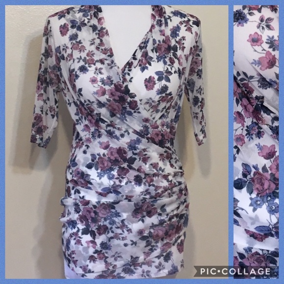 Karen Kane Floral Print Mesh Wrap Top. - Picture 3 of 9